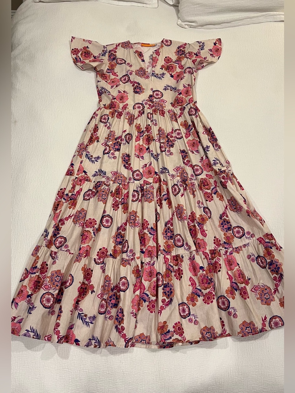 Oliphant Cream Maxi Dress with Pink & Purple Floral Print Small - Picture 2 of 10